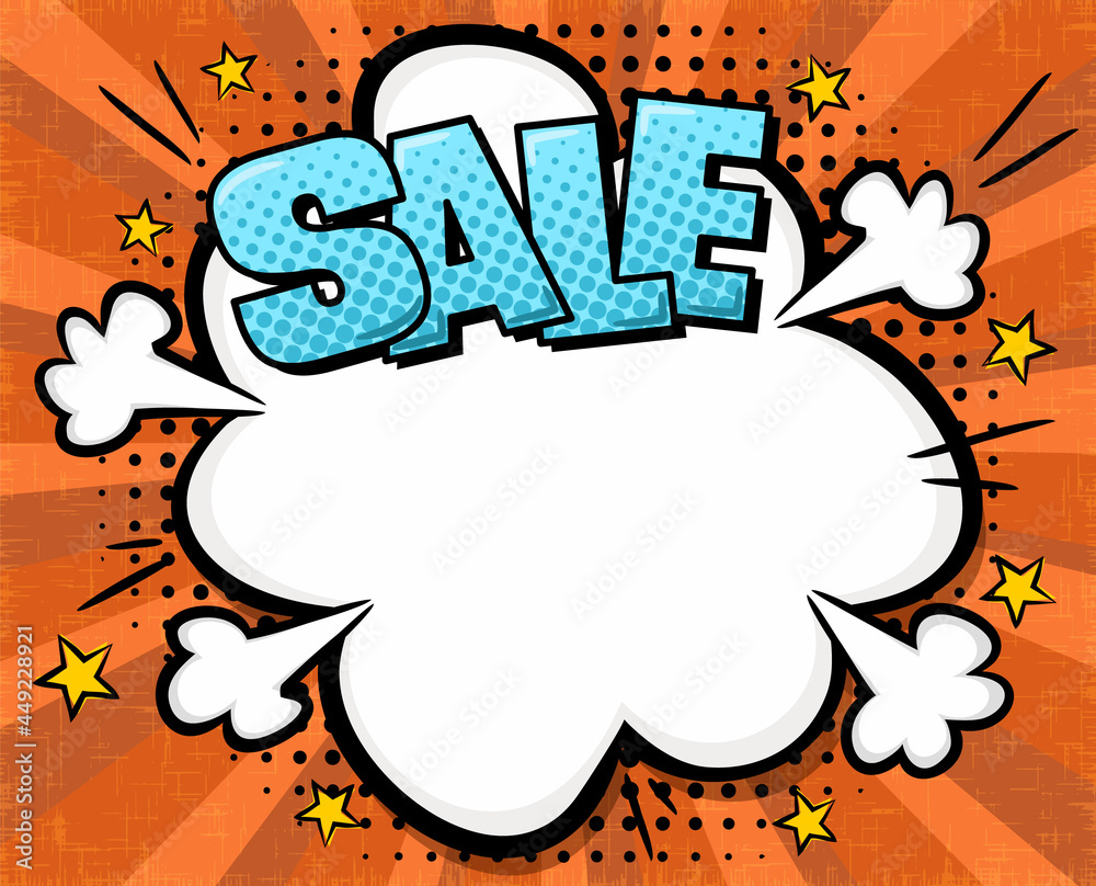 Comic banner for discounts or sales in popart style. Boom cloud on a ray orange background. Bright Template for web design, banners, coupons, applications and posters. Retro Vector illustration.