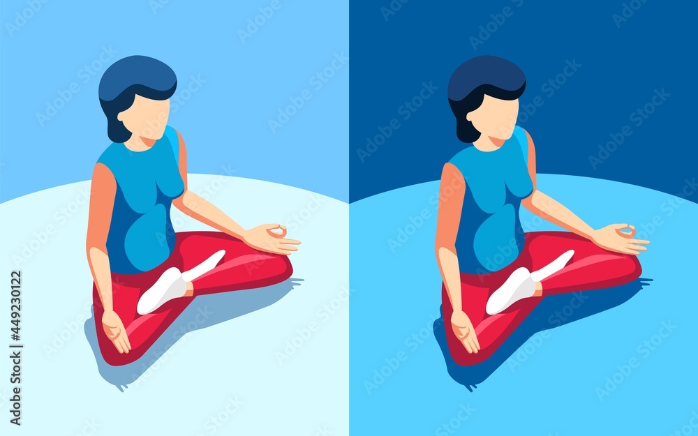 Lotus Yoga pose - woman sitting on the floor relaxing. 3d vector isometric illustration.
