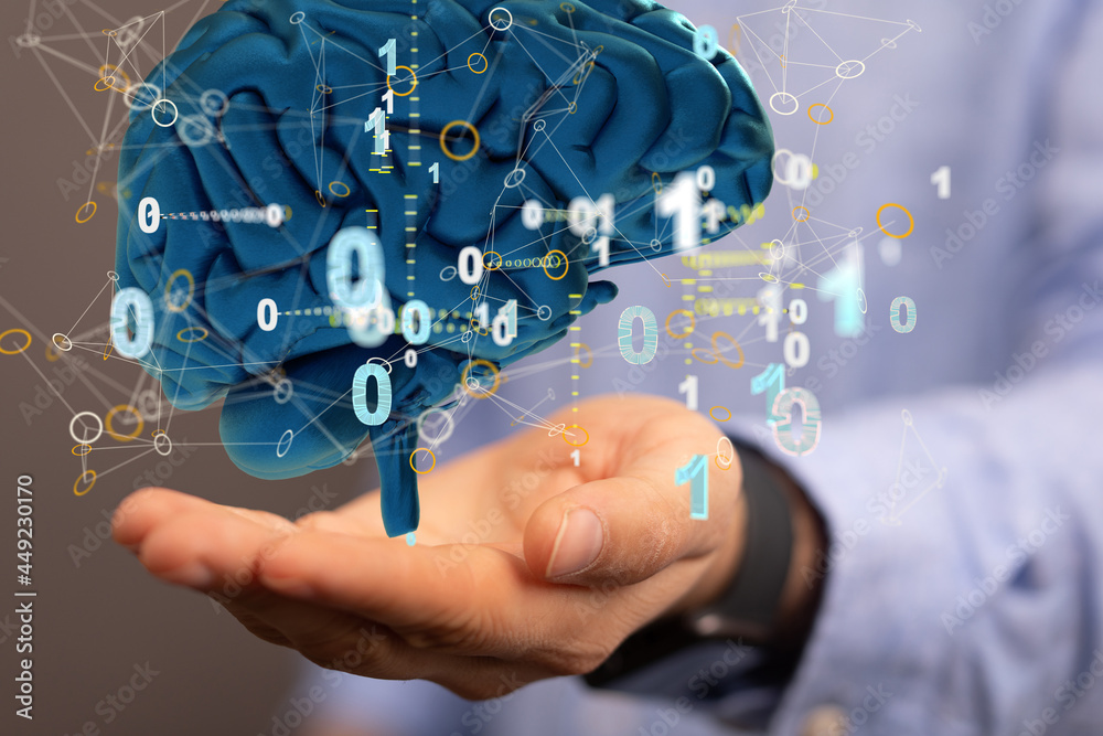 Hand touching brain and network connection Hand touching brain and network connection