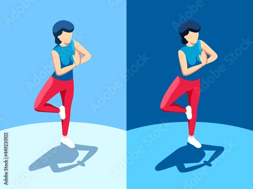 Yoga pose - woman standing on one leg. Balance yoga pose. 3d vector isometric illustration.