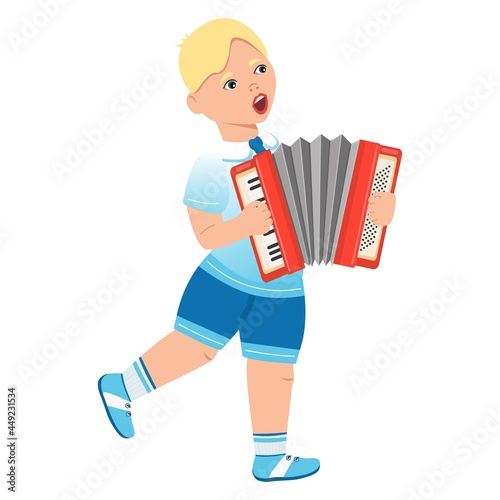 Accardion. Cheerful character with an accordion. Musical instrument.