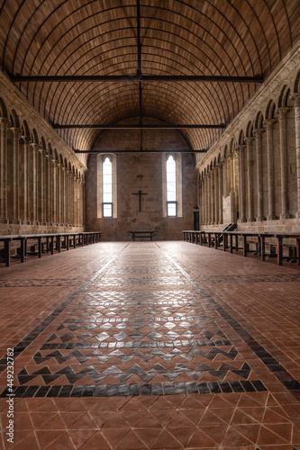 Beautiful interiors of the Abbey of Mont Saint-Michel inside, in the department of Manche, Normandy region, France © unai