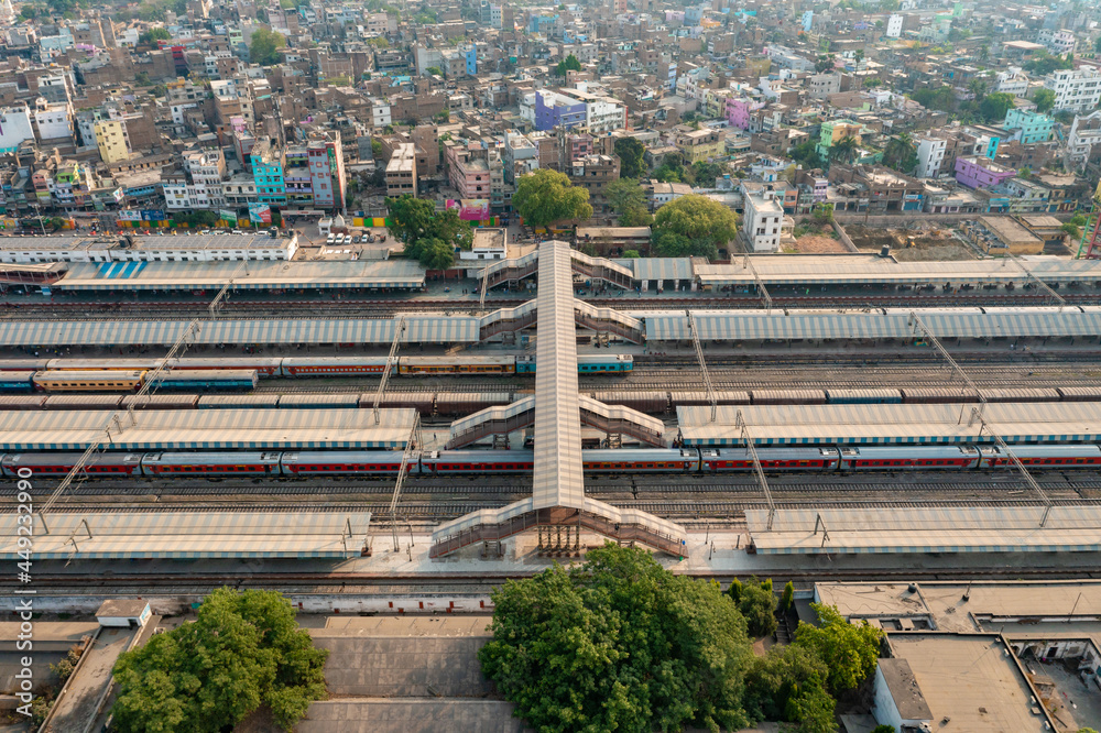 Aerial shot of a railway station in Bihar India on a bright sunny day
