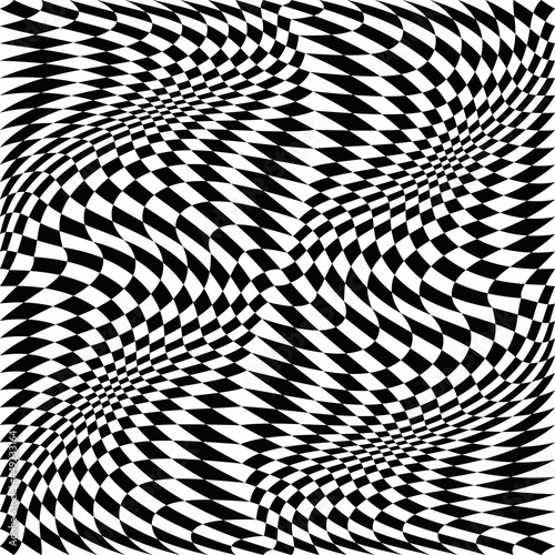 Rhombs twisted and checker ornament. Canvas with black and white rhombuses. Vector.