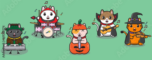 Vector illustration of cats Halloween. Lucky cat character vector design. Cats with costume play a musical instrument.