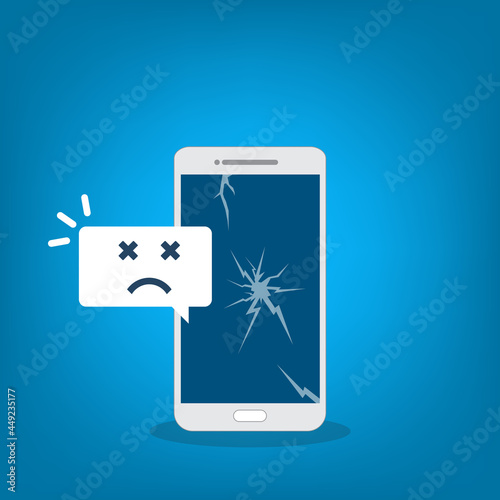 Broken smartphone with sad smile. Broken phone service, recovery and repair concept.	