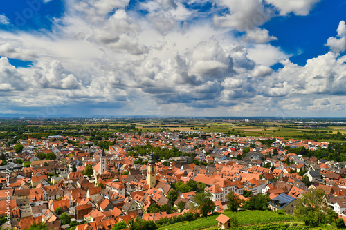 Small old city called Schriesheim viewed from Odenwald forest in Germany
