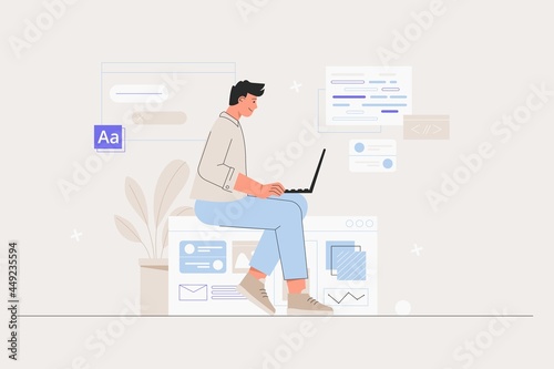Business man, smm manager, programmer, sit on infographic and work on laptop. Freelancer working on web and application development on computers. Software developers.