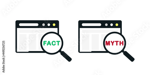 Facts myths sign. Magnifying glass with true or false. Concept of thorough fact-checking or easy compare evidence. Illustration vectorIllustration vector