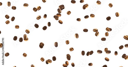 Coffee beans falling on white background. 4K footage.