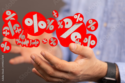 Red cubes percent falling on a white background. 3d rendering. Illustration for advertising.