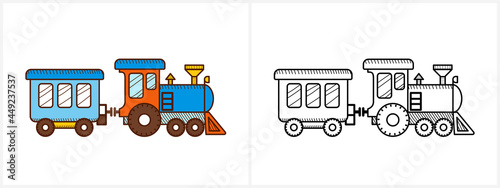 Train coloring page for kids. Locomotive side view