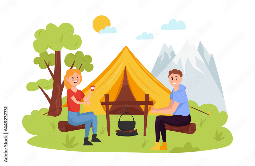 Fototapeta premium Tourists on summer vacation. Summer camp with couple, tent and campfire. A man and a woman are relaxing in nature in a tent camp. Vector illustration.