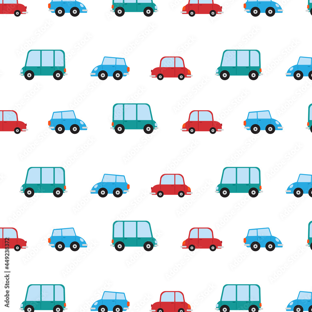 Seamless pattern with cartoon cars background. Vector.