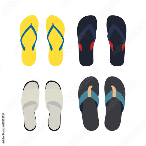 Summer flip flops for man or girl in flat style vector illustrations. Summer footwear set icons. .Open shoes.
