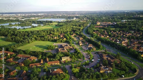 Gorgeous Aerial views of Willen Lake of Milton keynes England UK, great Tourist Attraction. beautiful sunny day. drone's footage photo