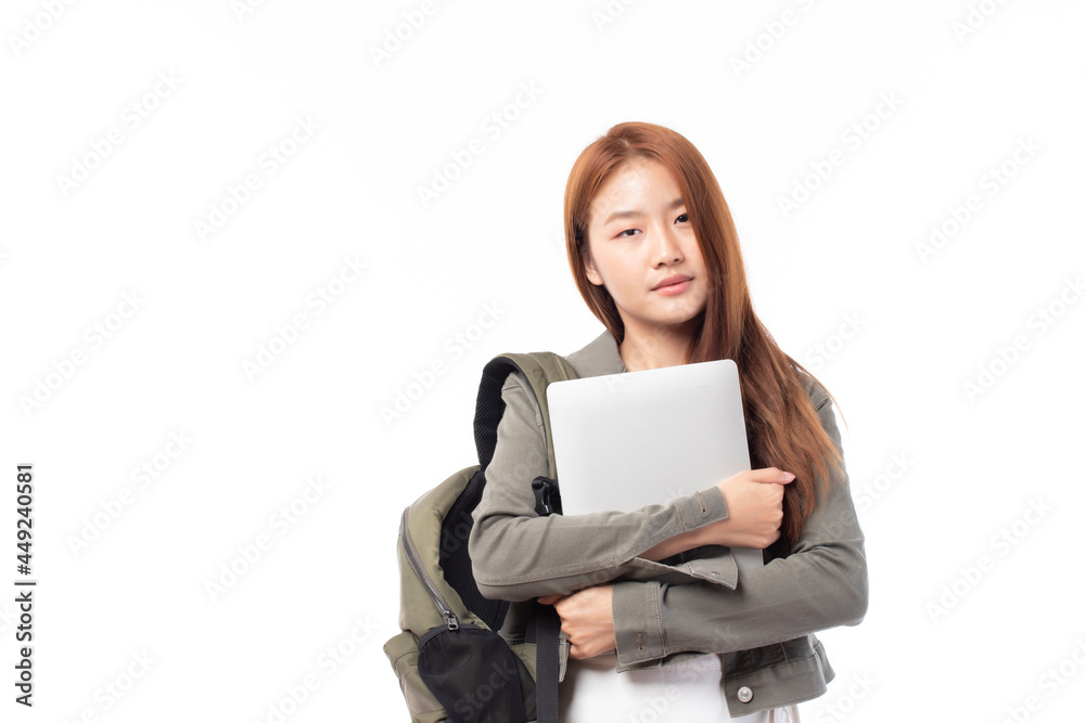 Portrait of happy casual Asian girl student with backpack and laptop isolated on white background. Back to school and learning concept. Portrait of happy casual Asian girl student with backpack and laptop isolated on white background. Back to school and learning concept.