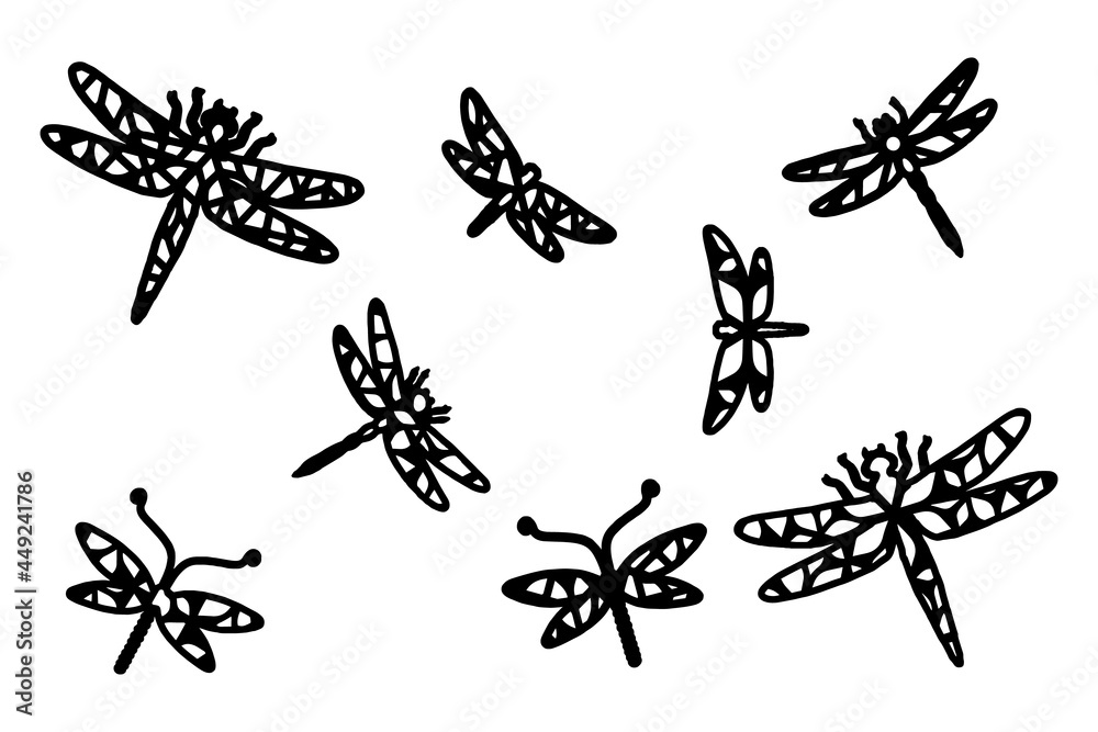 Fototapeta premium Dragonflies black silhouettes with geometric ornament. Basis graphics on white background