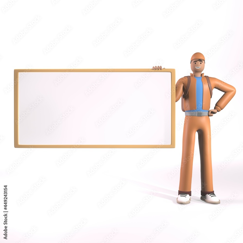Courier in orange clothes holds a banner for advertising. Parcel delivery. 3D render illustration Courier in orange clothes holds a banner for advertising. Parcel delivery. 3D render illustration