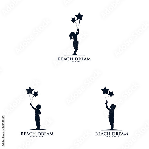 Kids holding balloons logo design vector