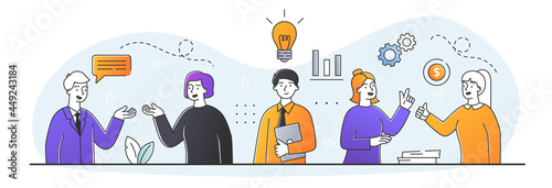 Community engagement concept. Colleagues communicate with each other, discuss details of project and come up with ideas. Effective teamwork. Cartoon doodle flat vector illustration on white background