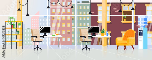 Office interior modern design. Coworking open space. Creative office pavilion. Empty business center background.