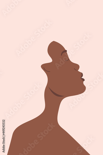 Postcard or poster with a beautiful dark-skinned woman with pink hair. Modern wallpaper or background for a screensaver. Vector illustration.