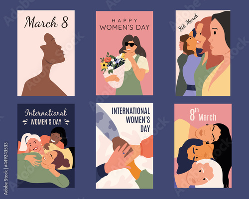 Collection of greeting cards or postcard templates with race women, flowers, feminism girlfriends and happy women's day wishes. Modern festive vector illustration for women's day celebration.