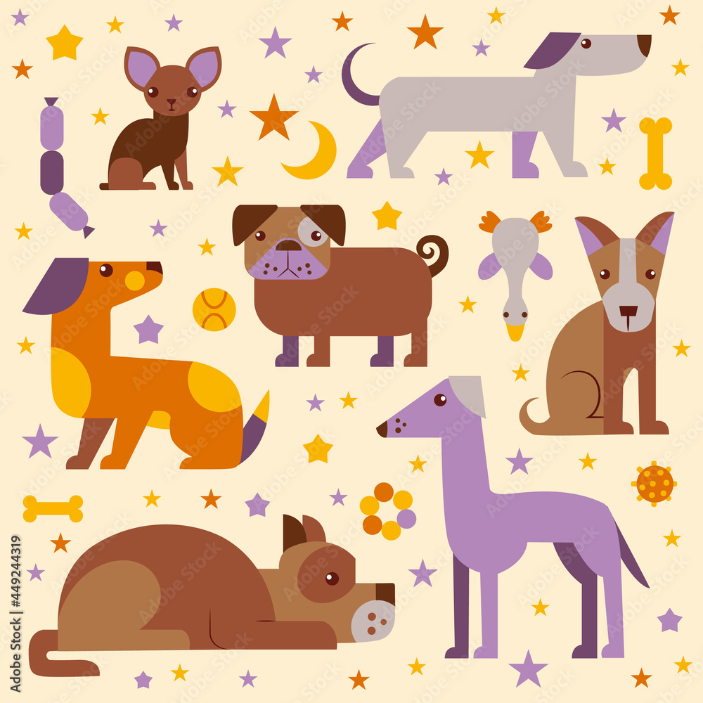 Fototapeta premium pattern with different breeds of dogs and dog toys and stars