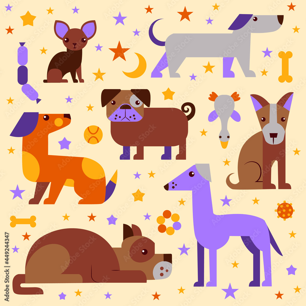 pattern with different breeds of dogs and dog toys and stars pattern with different breeds of dogs and dog toys and stars