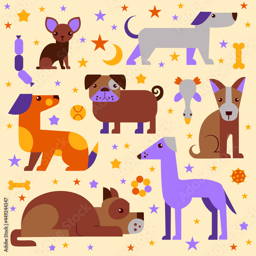 pattern with different breeds of dogs and dog toys and stars