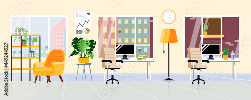 Office interior modern design. Coworking open space. Creative office pavilion. Empty business center background.