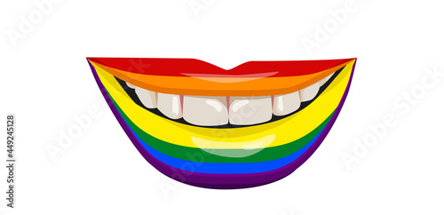 Rainbow LGBT Pride flag on the lips. A woman's smile with white teeth. Vector illustration.