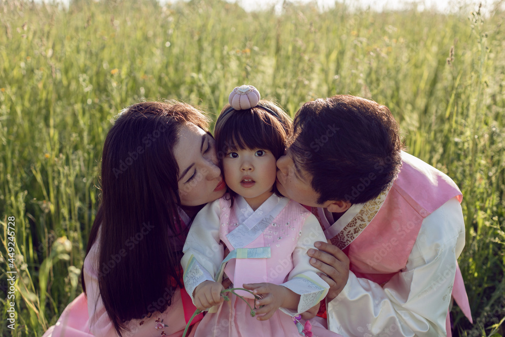 Korean family in national costumes is sitting in a field at sunset