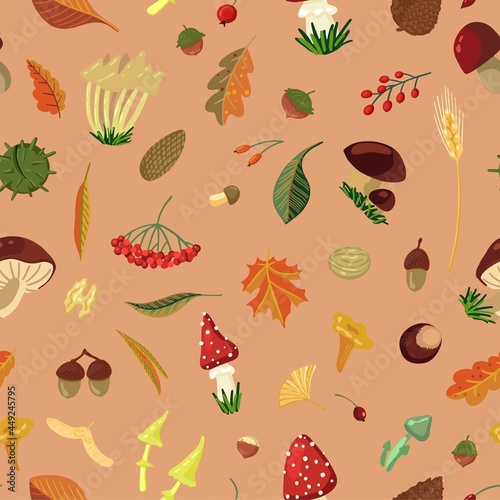 Fall harvest vector seamless pattern. Mushrooms  nuts  leaves  berry. Autumn ornament in simple cartoon style. Abstract   olored design for print  wrap  background  wallpaper  textile  fabric  decor.