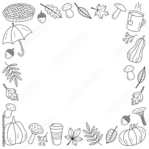 The frame is made of autumn elements. Square vector composition in black. Template for a banner, postcard, letterhead or leaflet