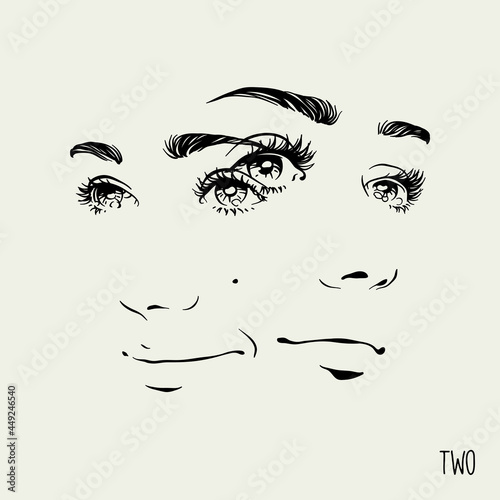 Linear woman faces. Abstract double female portrait. Outline girl head