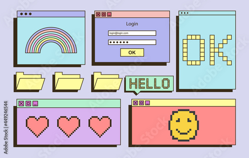 Retro desktop concept. User interface in style of pop art. Download window, password and login, file folders, emoticons and hearts. Cartoon flat vector illustration isolated on colored background