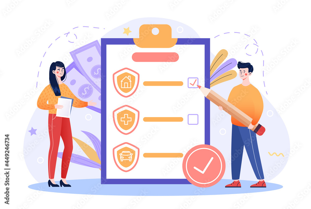 Risk insurance concept. Man and woman insure life, health, property and transport. Character puts check mark in list. Cash payments. Cartoon flat vector illustration isolated on a white background Risk insurance concept. Man and woman insure life, health, property and transport. Character puts check mark in list. Cash payments. Cartoon flat vector illustration isolated on a white background