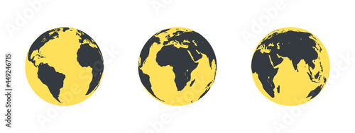 Earth globe icons. Yellow Earth hemispheres with continents. Vector illustration