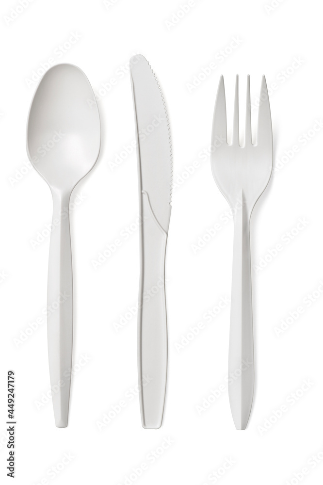 Set of plastic disposable tableware isolated Set of plastic disposable tableware isolated