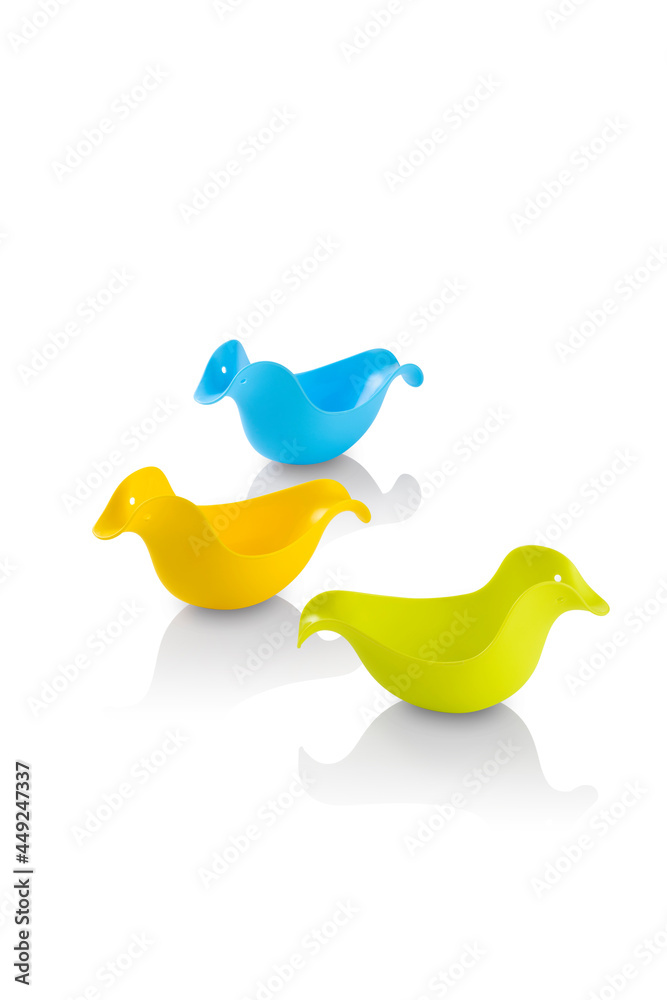 Set of duck shaped canisters for babies bath time isolated Set of duck shaped canisters for babies bath time isolated