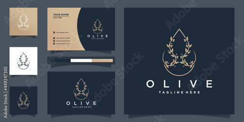 Olive oil logo with unique beauty flower style and business card Premium Vector