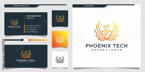 Phoenix logo with technology line art concept and business card Premium Vecto