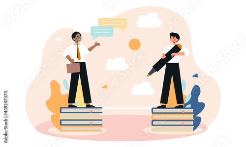 Educated person concept. Businessmen stand on books and create bridge for crossing. Knowledge and opportunities. Reading books. Cartoon flat vector illustration isolated on a white background