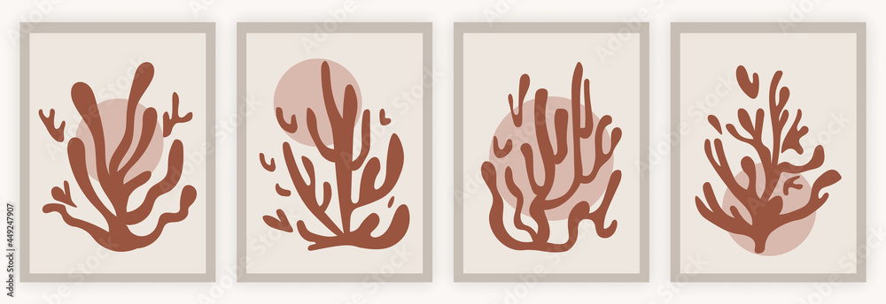 Fototapeta premium Abstract coral posters. Modern minimalistic collection of sea leaves of various shapes. Art for printing on paper and decorating walls. Flat vector illustrations isolated on a white background