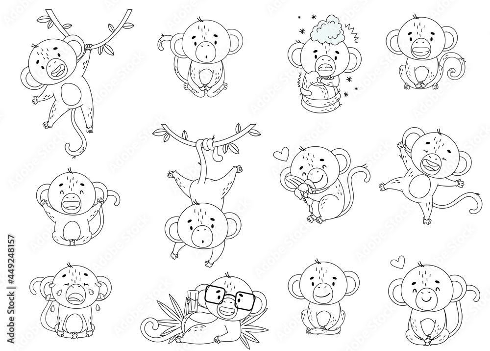 Monochrome set of small monkeys isolated on a white background. Different poses, situation. Black and white. Black outline. Vector illustration