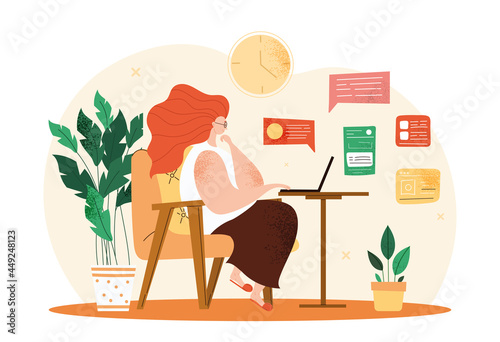 Work at home concept. Woman in workplace thinks about her plan for day and works on laptop. Remote work in context of pandemic. Cartoon hand drawn flat vector illustration isolated on white background