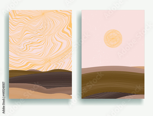 Poster with mountain landscape and Japanese wave pattern. Asian style  . Trendy brochure . Vector illustration .
