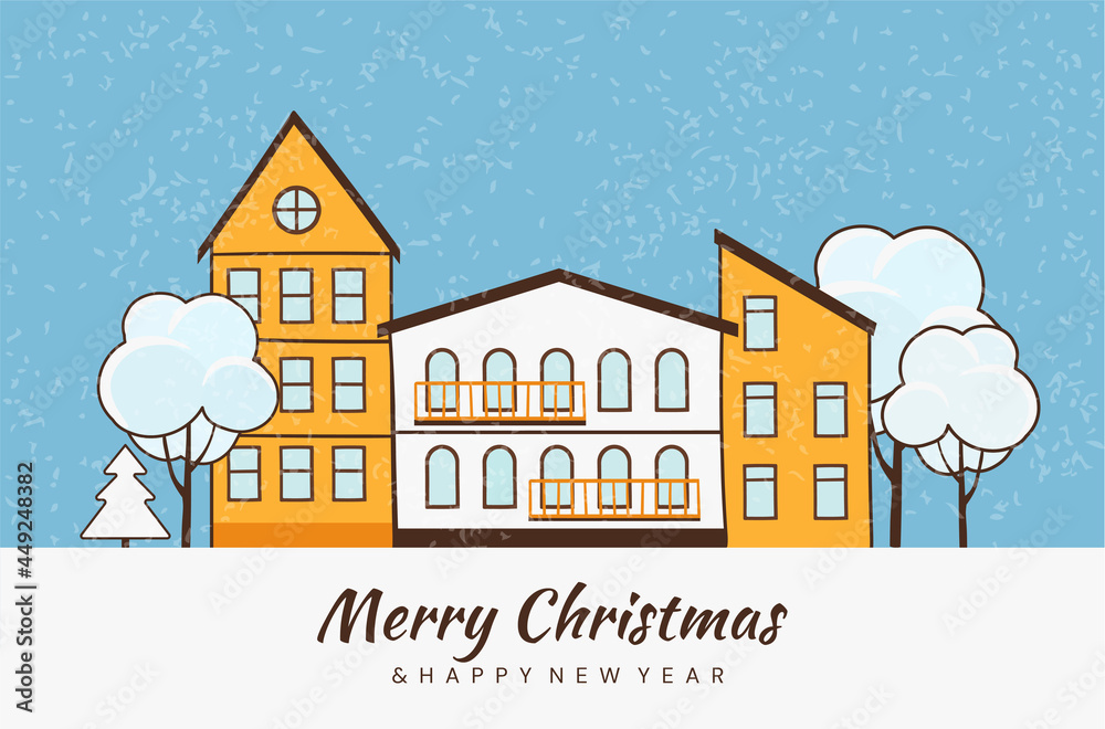 Winter City concept. Houses and trees covered with thick snow. A greeting card, poster or banner. Merry Christmas and a happy New Year. Cartoon modern flat vector illustration with a snowy texture